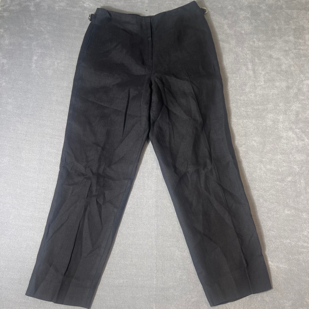 Vtg Talbots Irish Linen Black Straight Leg Trousers Side Cinch Pants Womens 12